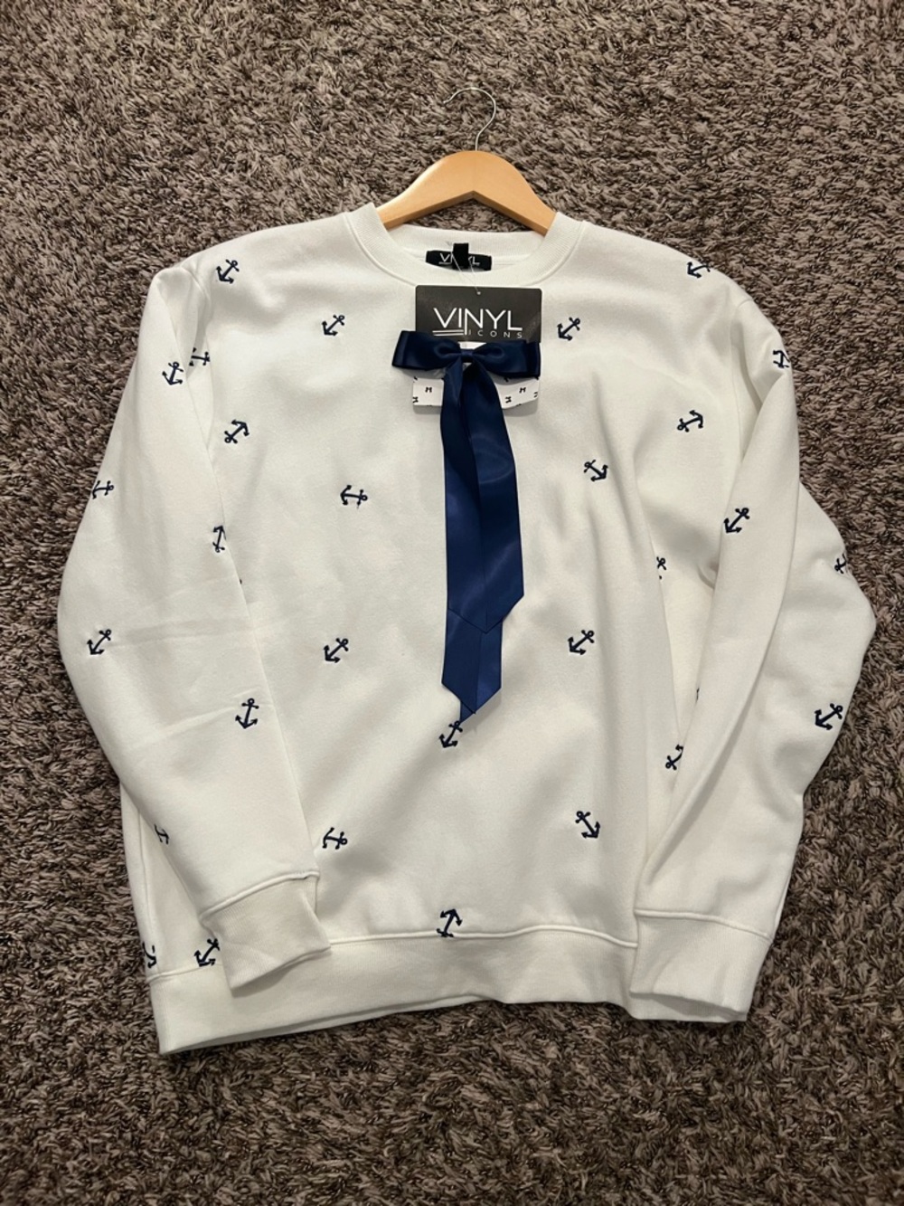 VINYL Icons White Crewneck Sweatshirt with Navy Anchor Embroidery